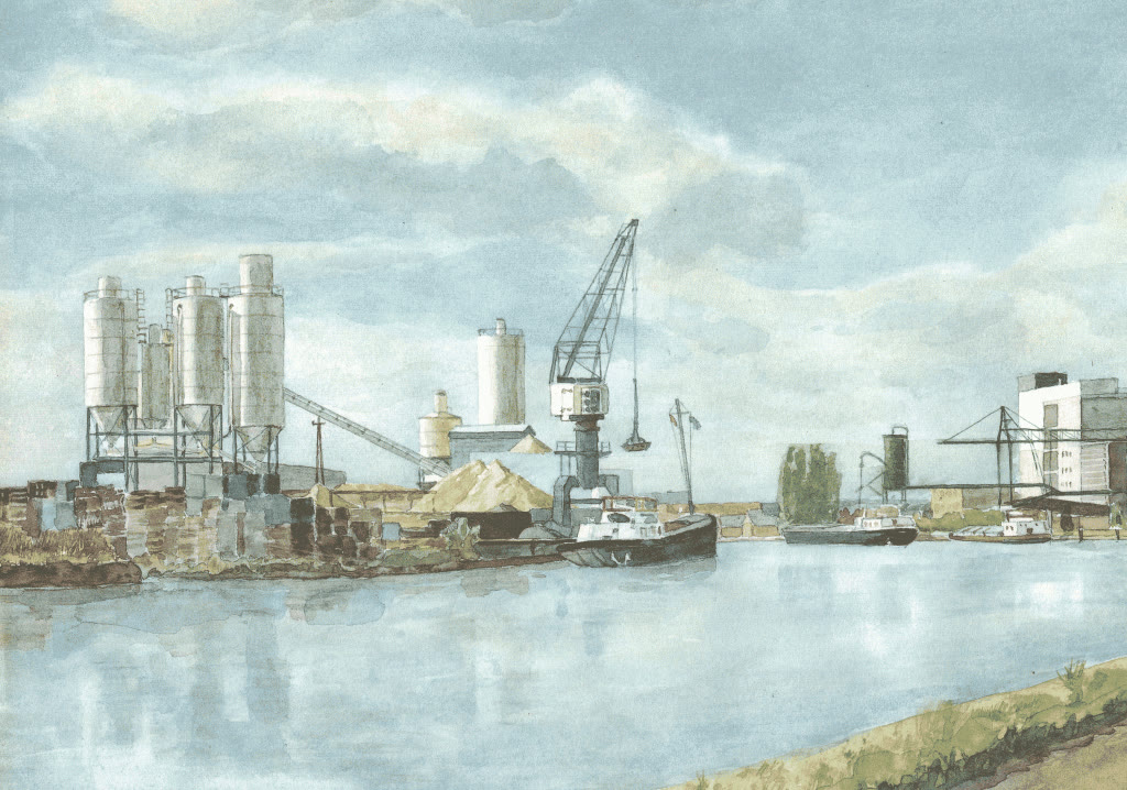 Aquarel van een industriële installatie met silo's aan het water